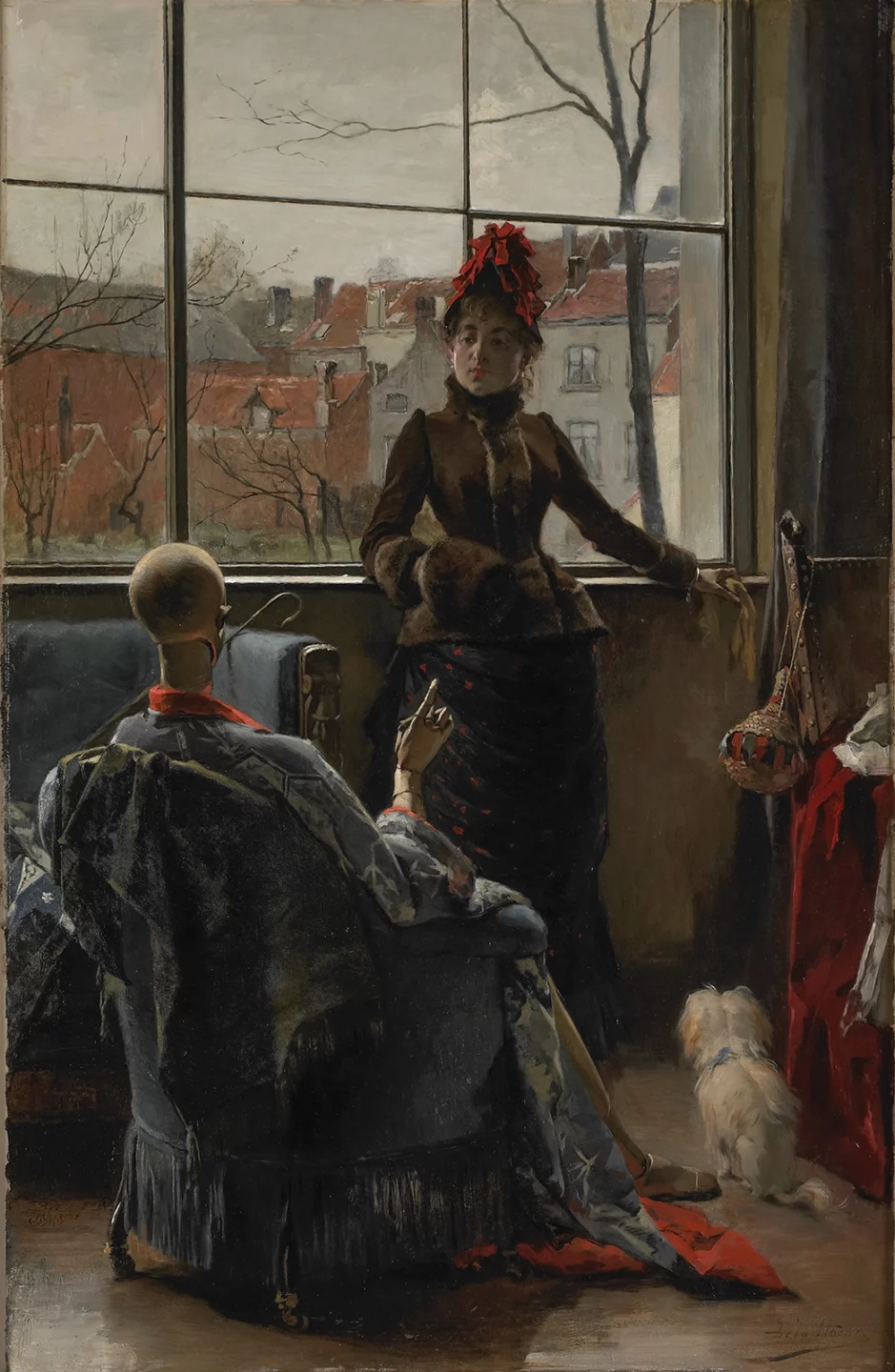 Reproduction d'une peinture : scène d'intérieur, femme à la fenêtre et homme dans un fauteuil