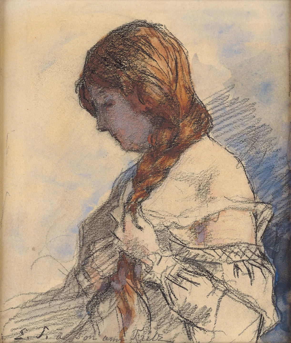 Reproduction d'un dessin au pastel : jeune femme aux cheveux roux, tête penchée