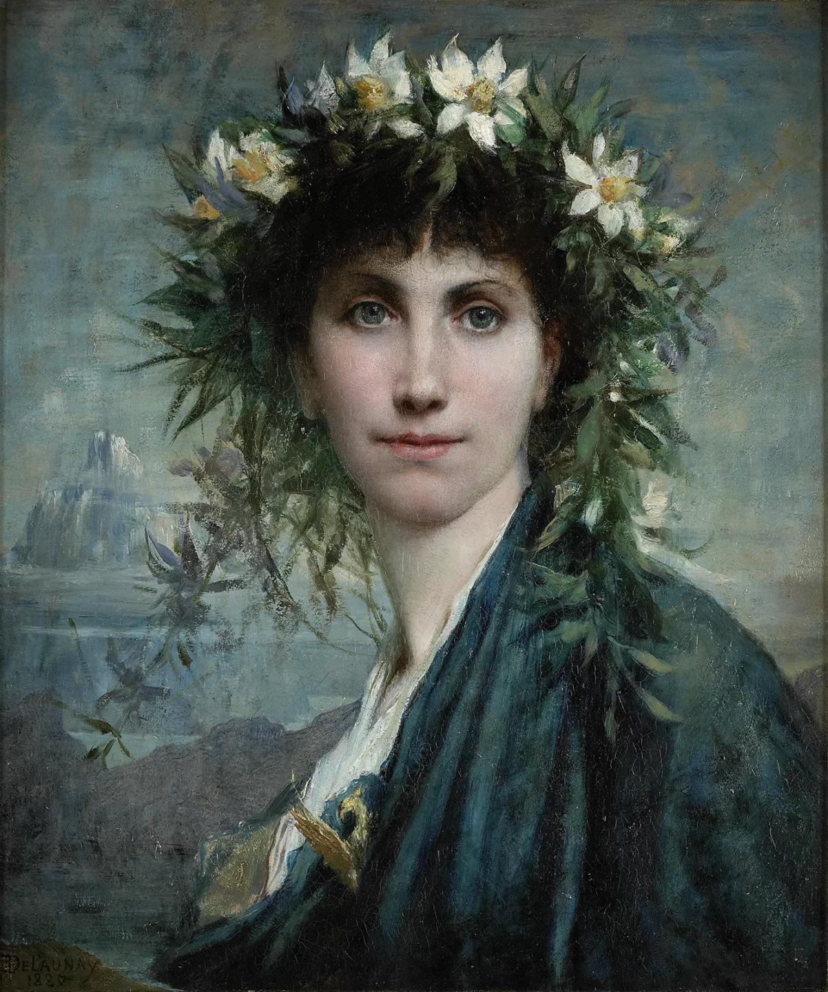 Reproduction d'une peinture : portrait de femme couronnée de fleurs blanches