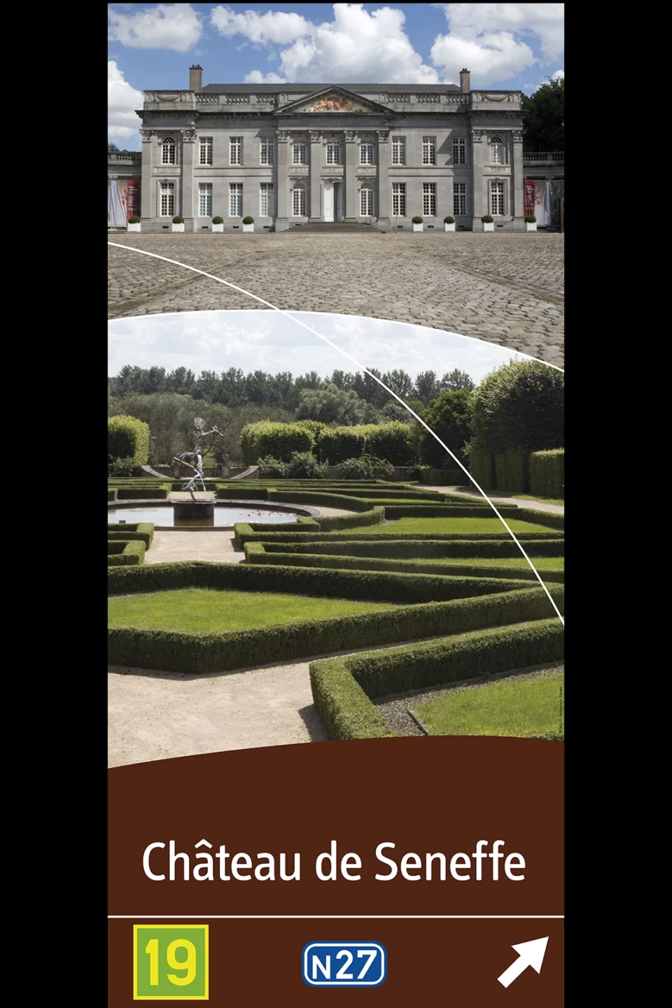 Panneau de signalisation touristique du Château de Seneffe illustré par une photo de Didier Vaneesbeck