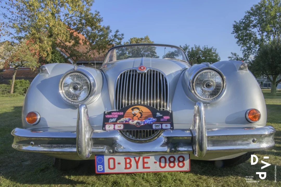 Jaguar XK argentée, vue de face – Vintage Vehicles Day, Ferme Holleken Hoeve, Linkebeek
