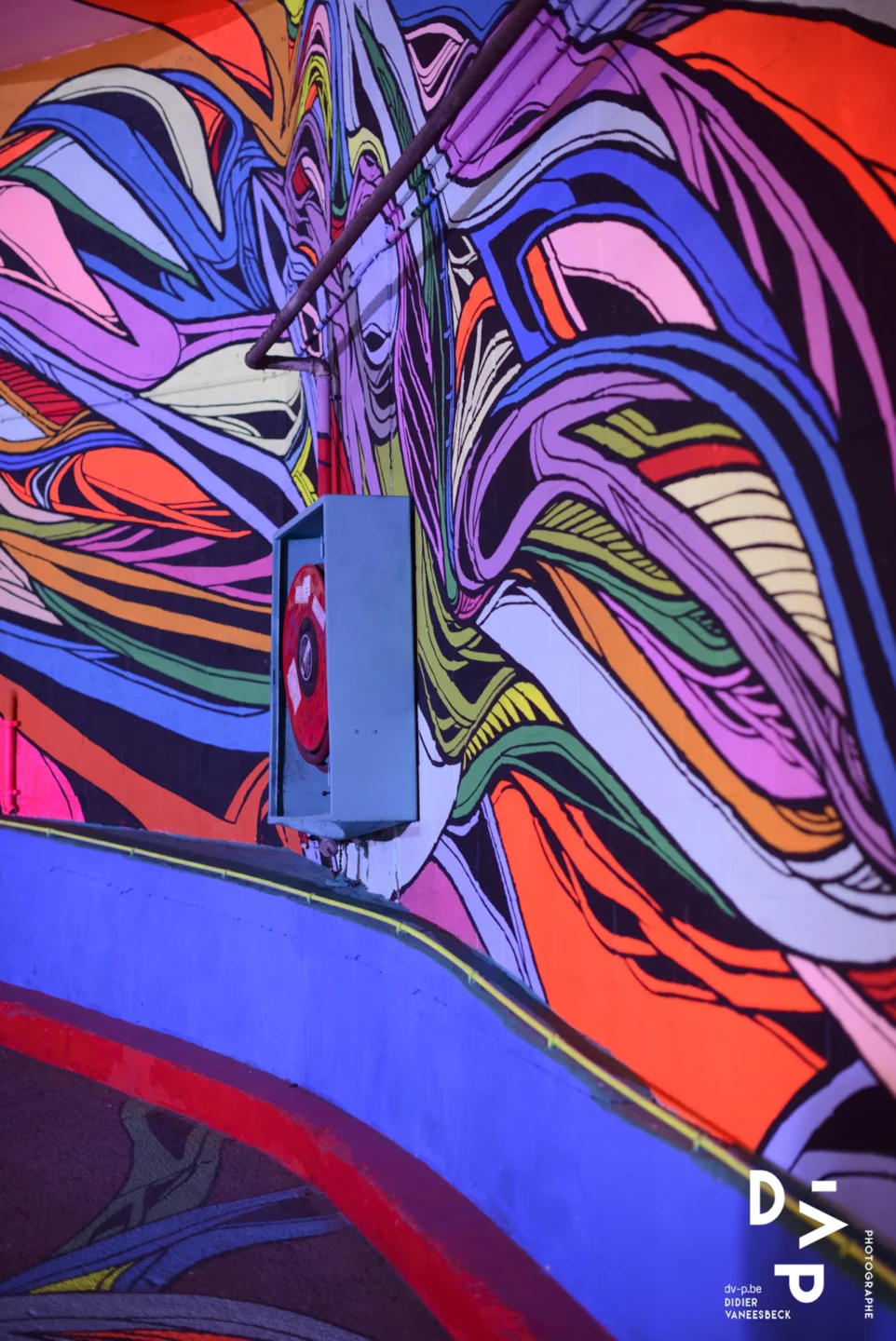 Œuvre abstraite aux courbes violettes et bleues – Strokar Inside, Bruxelles 2018